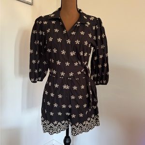 VENUS Black Wrap Tie Front Mini Dress with Puff Sleeves